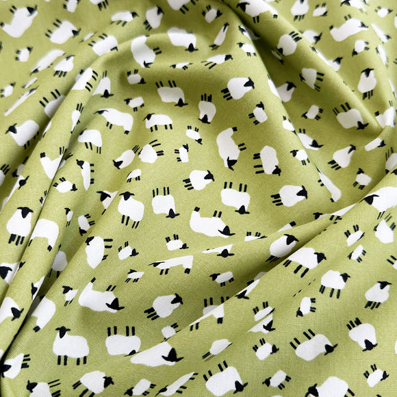 Cotton Poplin Prints - White Sheep Print on Green