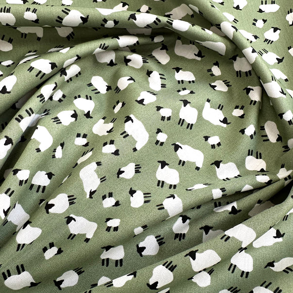 Cotton Poplin Prints - White Sheep Print on Sage Green