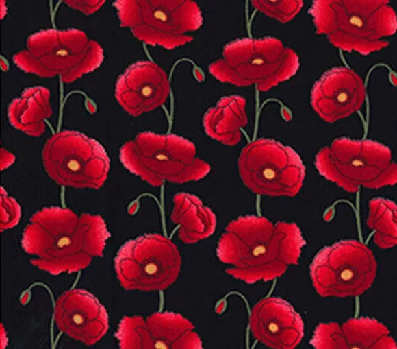 Cotton Poplin  Fabric - Red Poppy Floral on Black