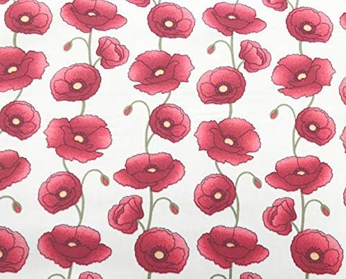 Cotton Poplin  Fabric - Red Poppy Floral on Ivory