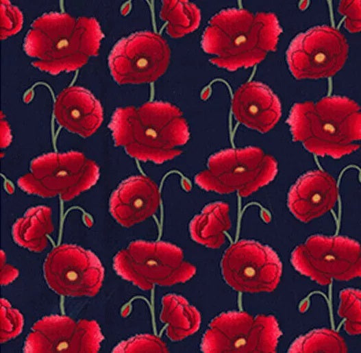 Cotton Poplin  Fabric - Red Poppy Floral on Navy