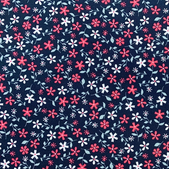 100% Cotton Poplin - Small Red & White Ditsy Floral Print on Black (CP0750BLACK)