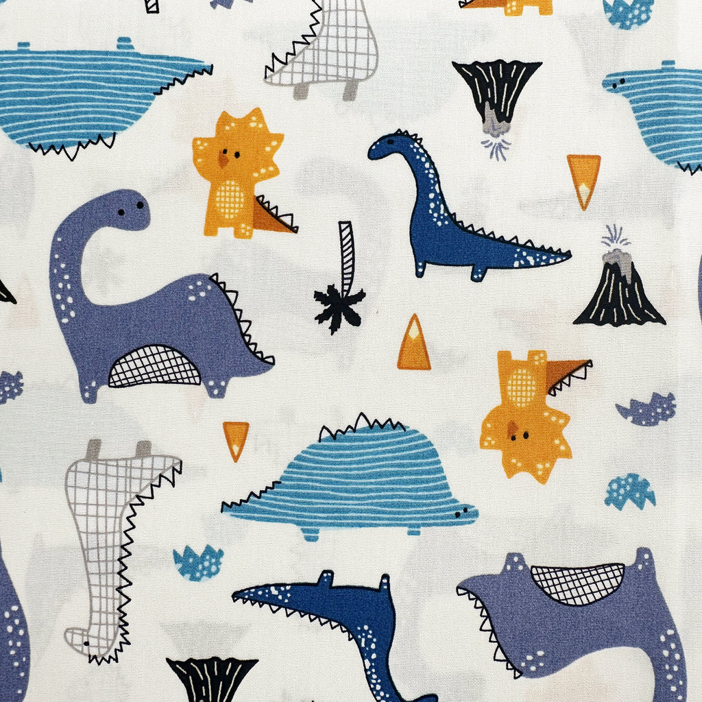 Dinosaur Fabric - Blue Dinosaurs on Ivory - Cotton Craft Fabric Material