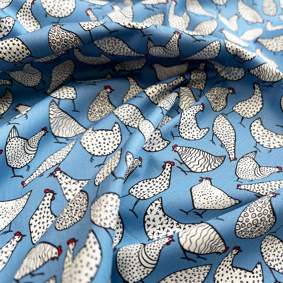 Cotton Fabric - Chicken Hens Bird Print on Copen Blue - Craft Fabric Material