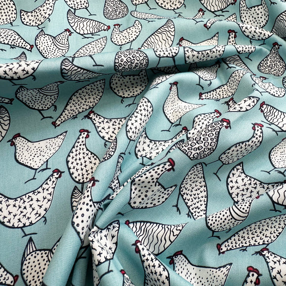 Cotton Fabric - Chicken Hens Bird Print on Duck Egg Blue - Craft Fabric Material