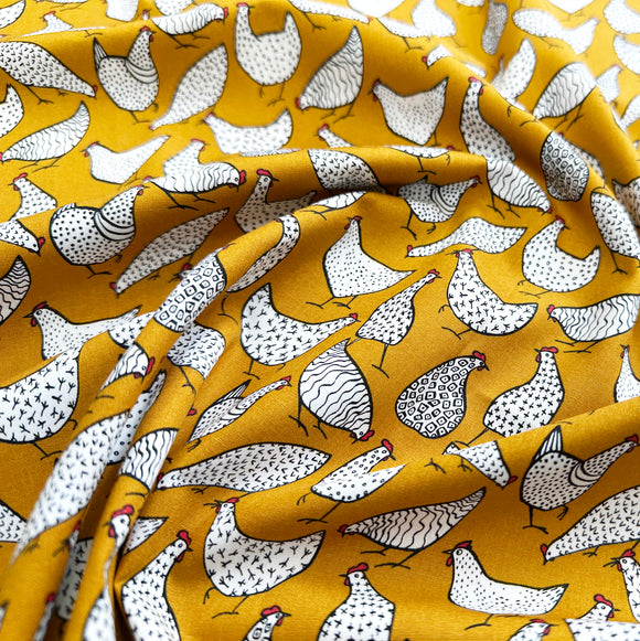 Cotton Fabric - Chicken Hens Bird Print on Ochre Yellow - Craft Fabric Material