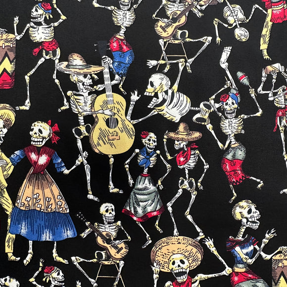 Cotton Fabric - Skeleton Party Black Day of Dead - Craft Fabric Material