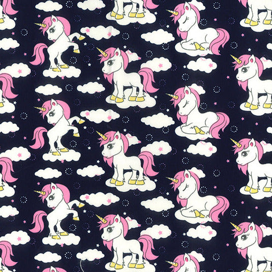 Childrens Fabric - Cute Unicorns on Navy Blue - 100% Cotton Poplin Prints