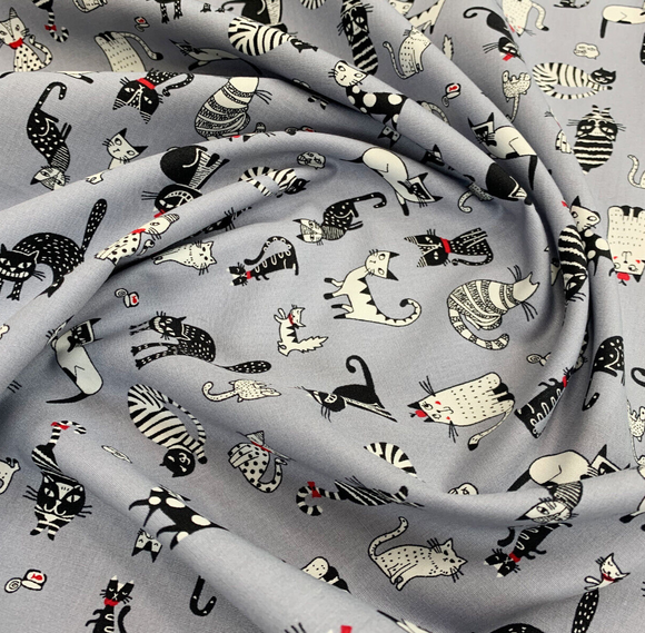 Cotton Fabric - Cute Crazy Cats Print on Grey