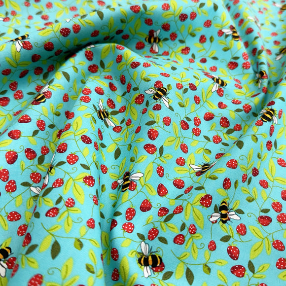 Cotton Fabric - Bumble Bee & Strawberry Print on Sky Blue - Craft Dress Fabric Material