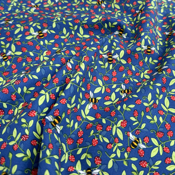 Cotton Fabric - Bumble Bee & Strawberry Print on Navy Blue - Craft Dress Fabric Material