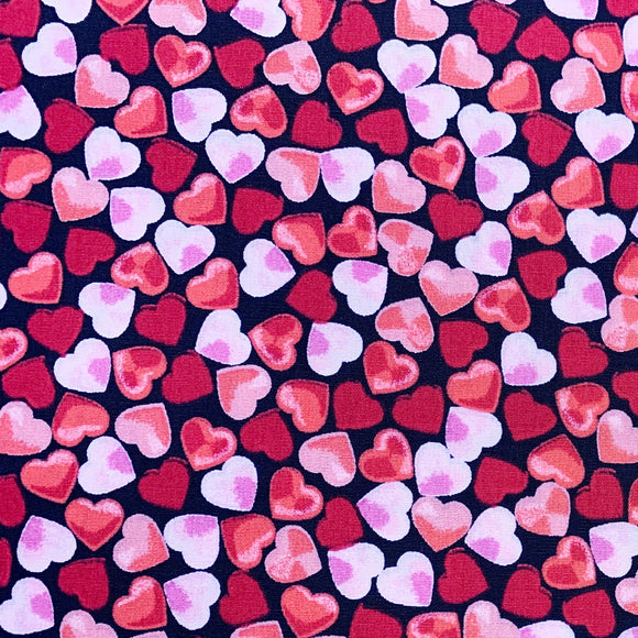 Cotton Fabric - Pink & Red Love Hearts on Black - Craft Fabric Material Metre