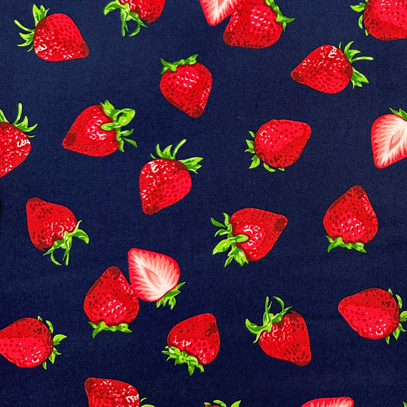 100% Cotton Poplin - Strawberries on Navy Blue