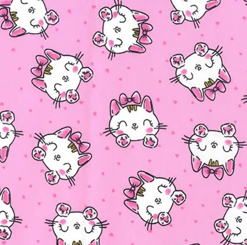 Cotton Fabric - Cute Happy Cat Faces and Hearts on Pink