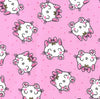 Cotton Fabric - Cute Happy Cat Faces and Hearts on Pink