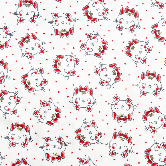 Cotton Fabric - Cute Red Cats & Love Hearts on White