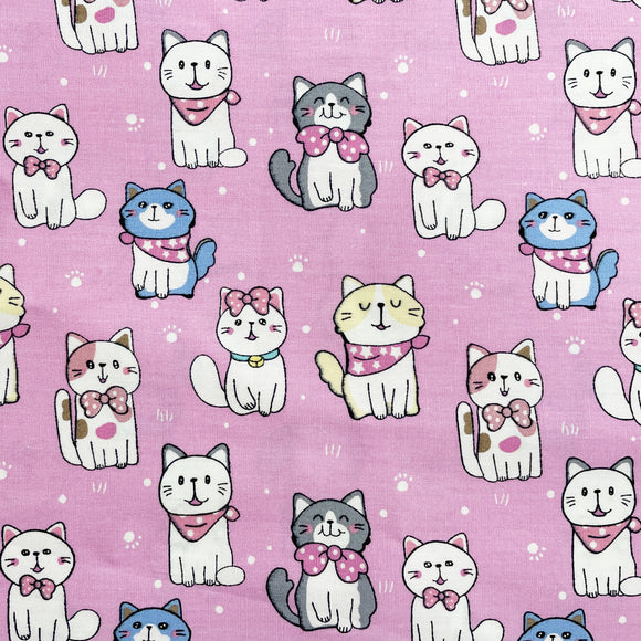 Cotton Fabric - Cute Happy Cats on Pink