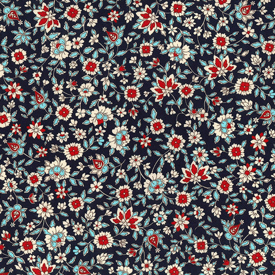 Cotton Fabric - Red & Blue Flowers on Navy Blue - Floral Craft Fabric Material