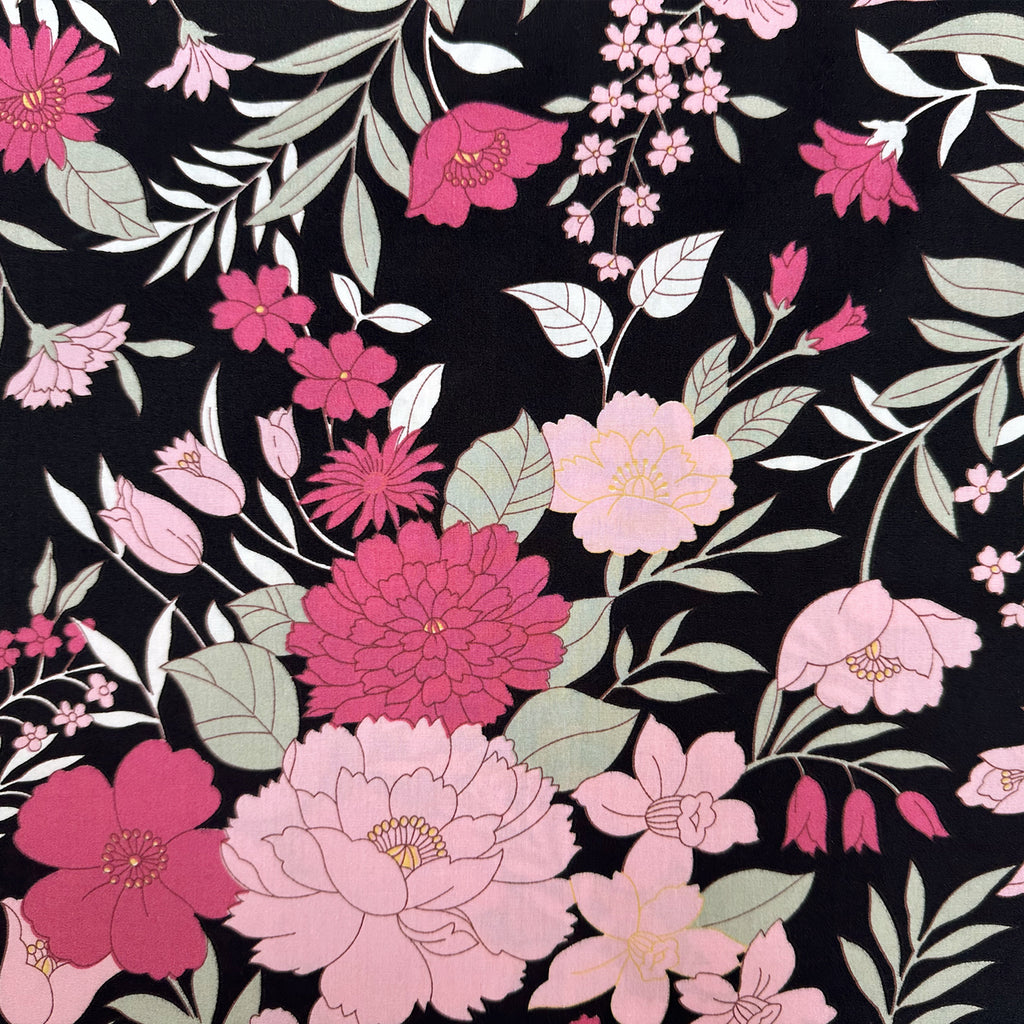 Cotton Fabric - Pretty Pink Floral on Black - Craft Dress Fabric Material