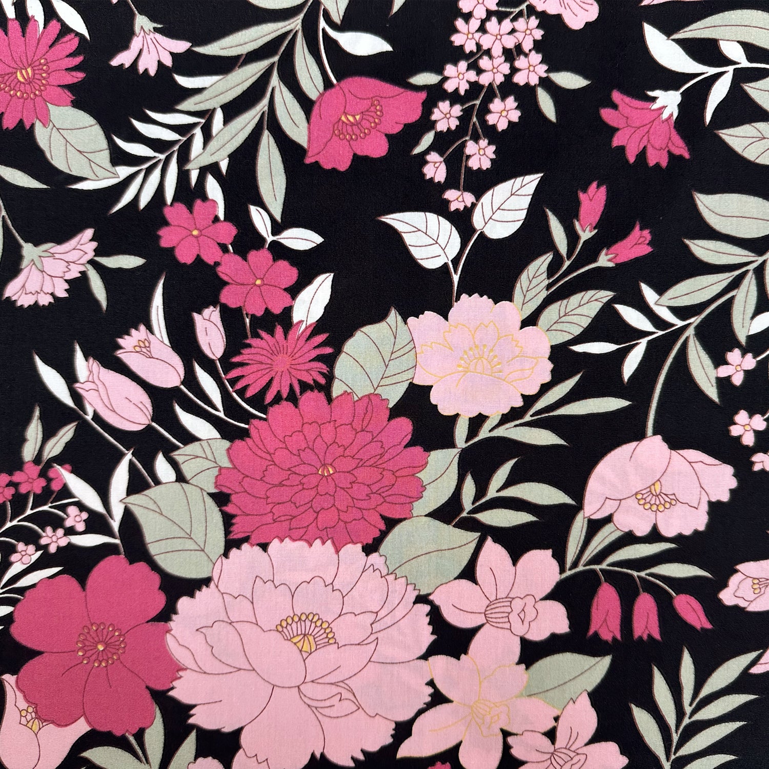 Cotton Fabric - Pretty Pink Floral on Black