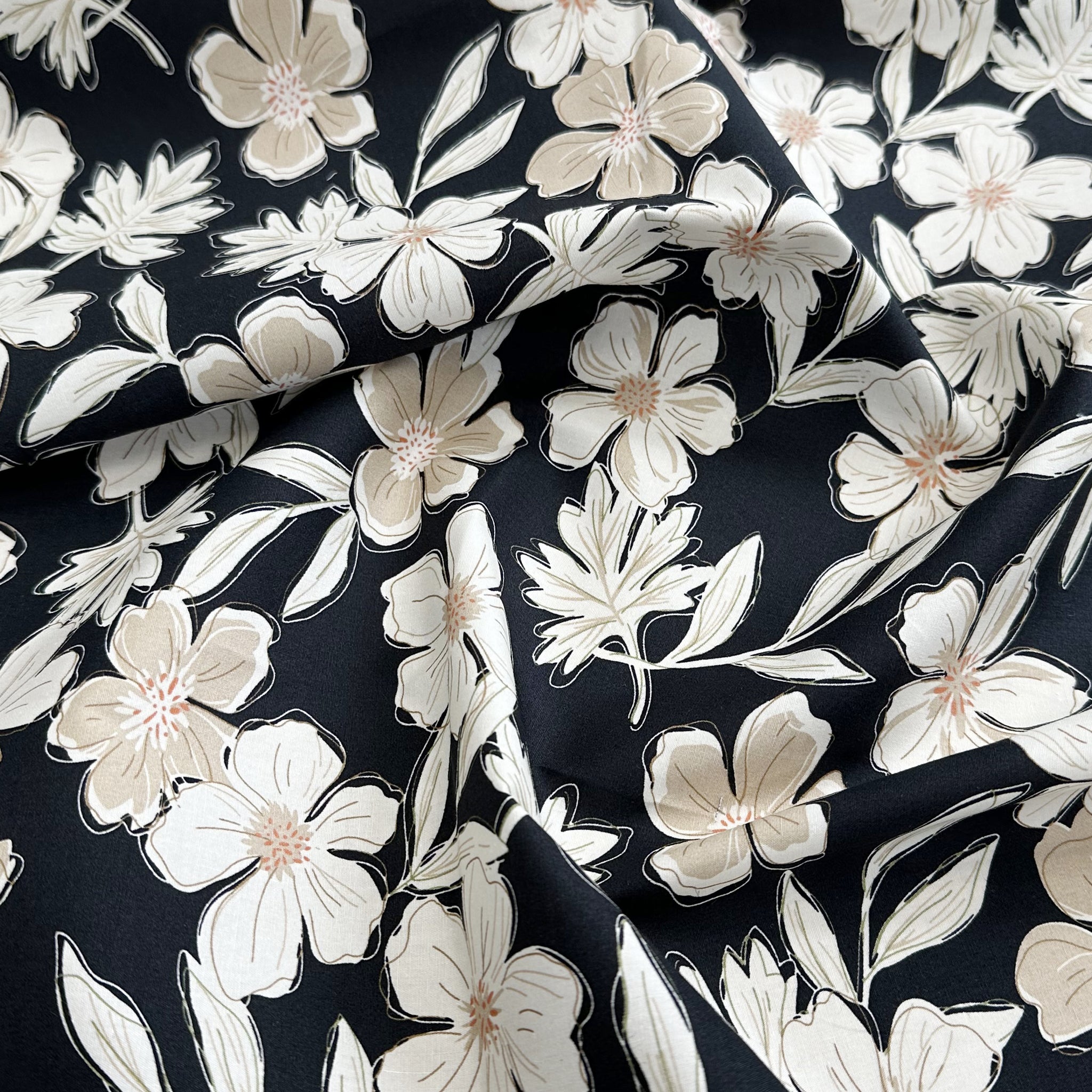 Cotton Fabric - Black & Natural Beige Floral Print - Craft Dress Fabri House of Haberdashery Cotton Fabric - Black & Natural Beige Floral Print - Craft Dress Fabri House of Haberdashery