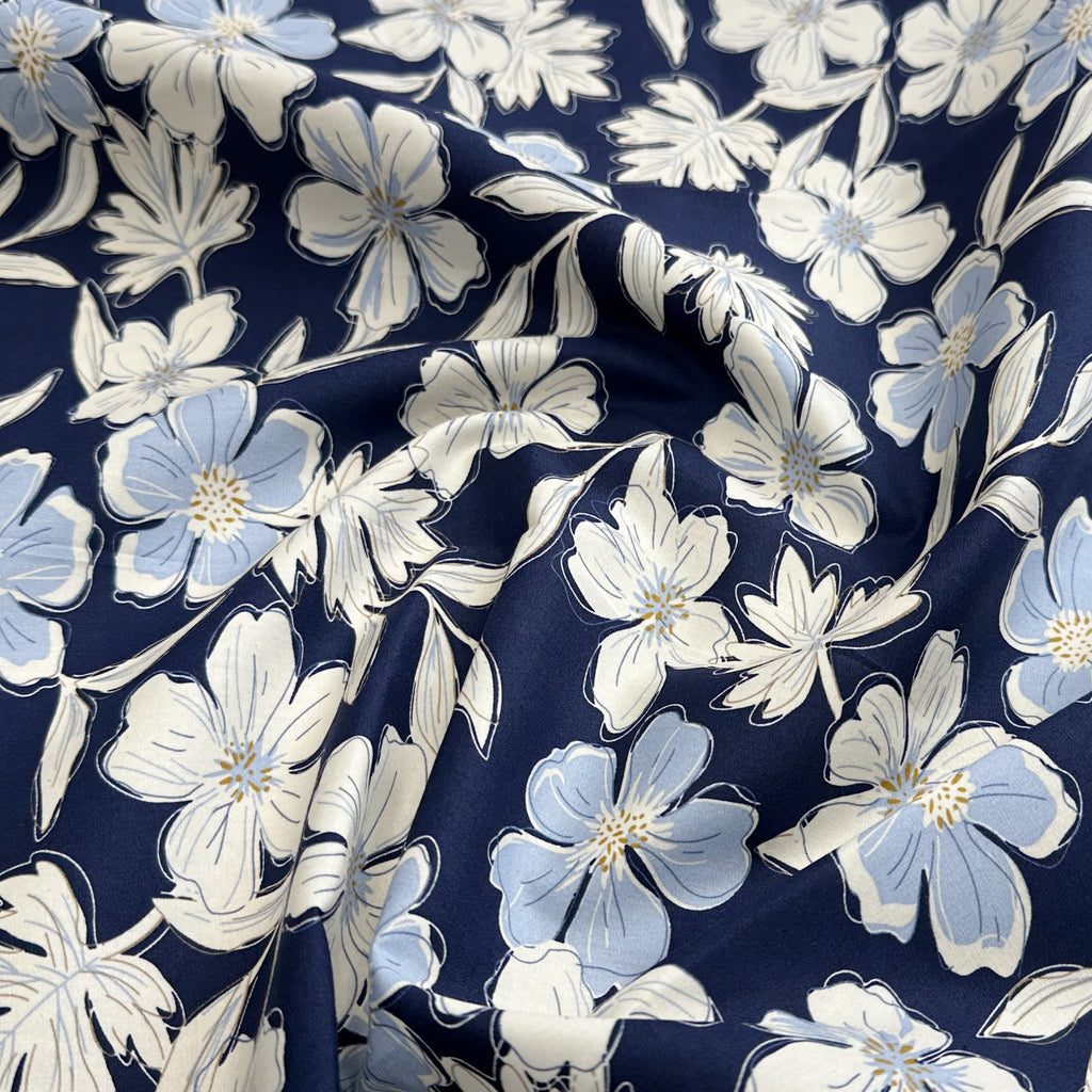 Cotton Fabric - Navy Blue & White Floral Print - Craft Dress Fabric Material