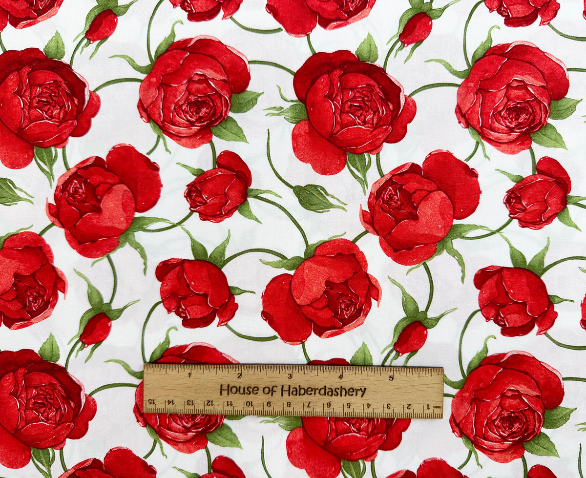 Cotton Fabric - Red Roses Flowers on Ivory - Craft Fabric Material Met ...