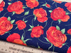 Cotton Fabric - Red Roses Flowers on Navy Blue - Craft Fabric Material Metre