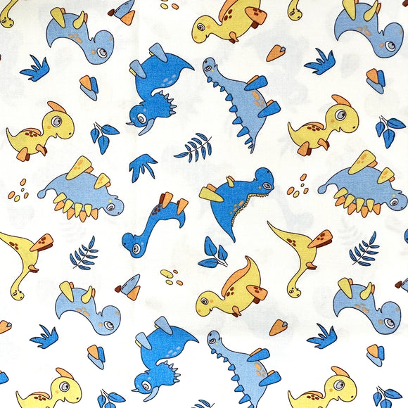 Cotton Fabric - Cute Blue Dinosaurs on Ivory - Quilting Craft Fabric Material