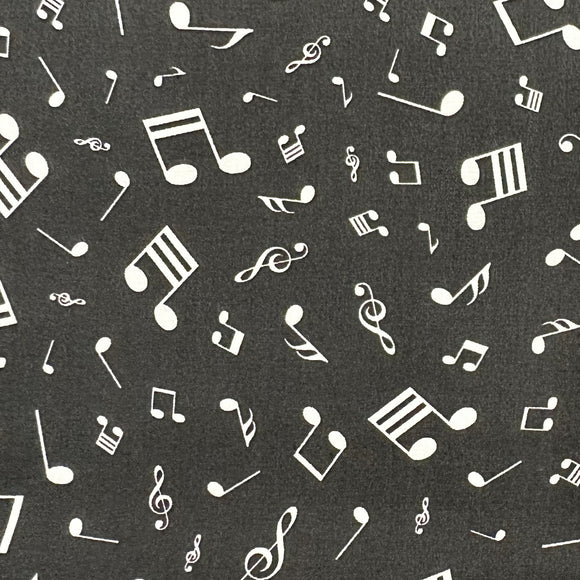 Cotton Fabric - White Music Notes on Black - Quilting Craft Fabric Material