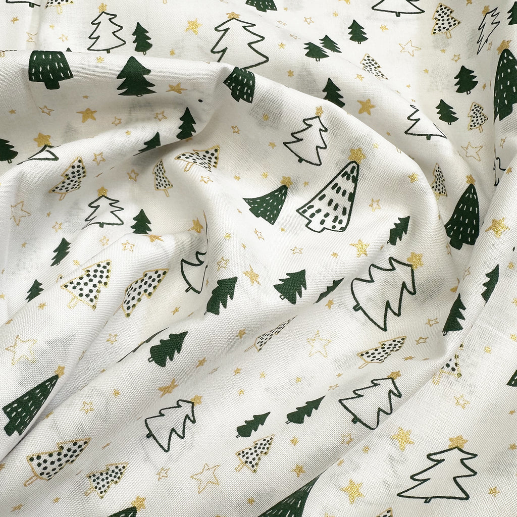 Christmas Fabric - Green & Gold Christmas Trees & Stars on Cream