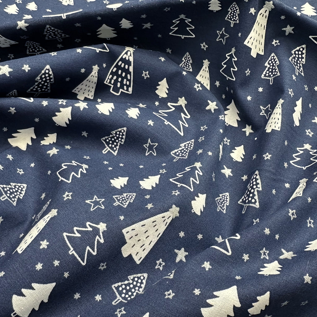 Christmas Fabric - White & Silver Christmas Trees & Stars on Navy Blue