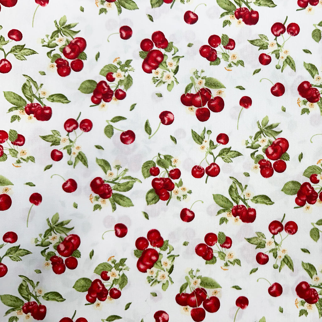 100% Cotton Poplin - Red Cherries on White