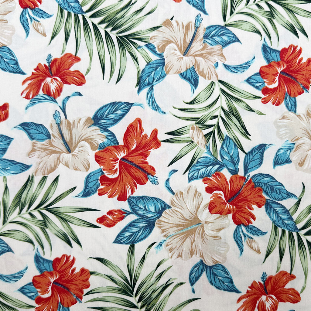 Cotton Fabric - Tropical Hibiscus Floral Print on Cream - Craft Fabric Material