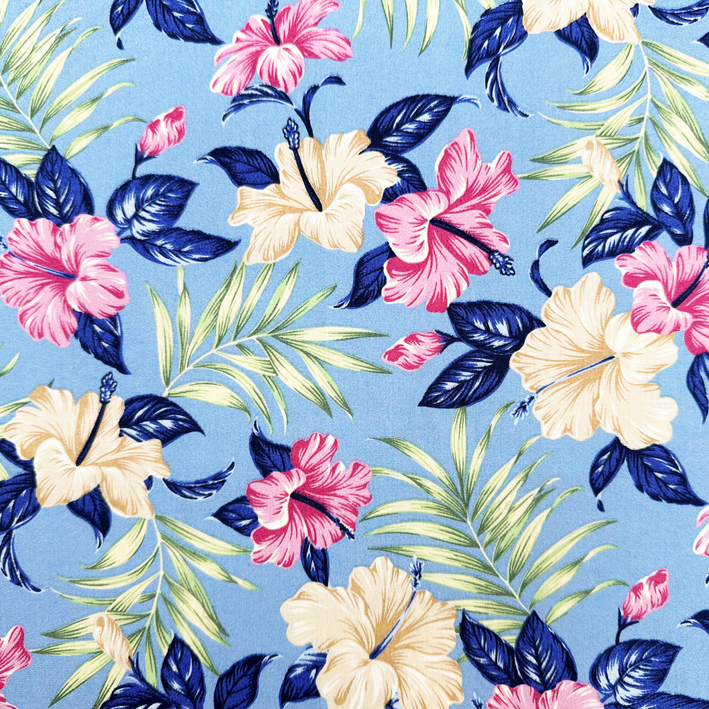 Cotton Fabric - Tropical Hibiscus Floral Print on Blue - Craft Fabric Material