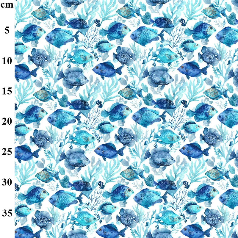 Cotton Fabric - Blue Fish - Under the Sea- Underwater Print Cotton Craft Material