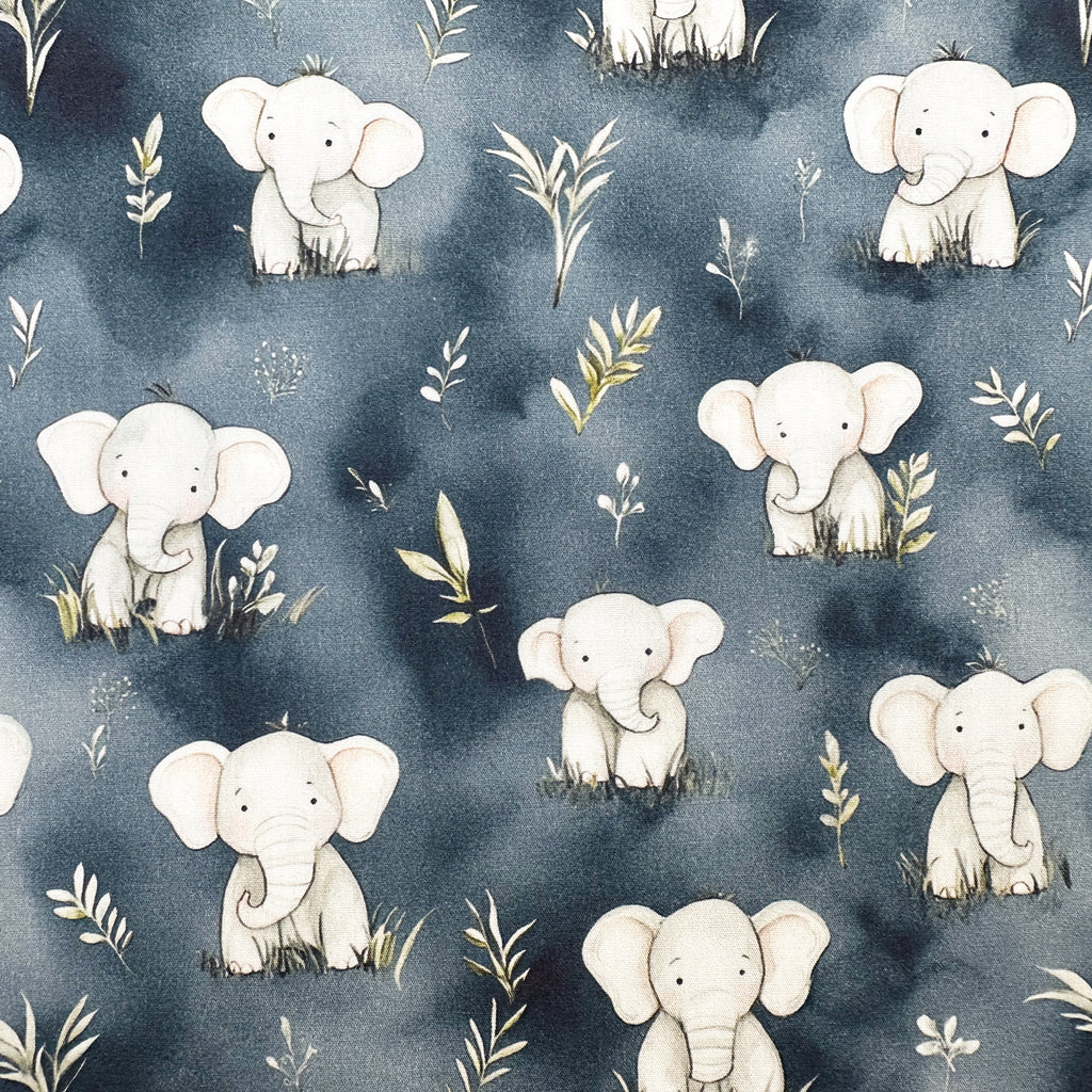 Cotton Fabric - Cute Baby Elephants on Navy Blue - Craft Dress Fabric Material