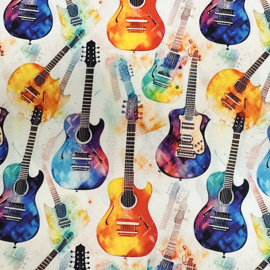 Cotton Fabric - Multicolour Guitars on Ivory - Craft Fabric Material