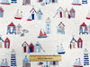 Canvas Fabric - Beach Huts Lighthouse Boats Seaside Print on CREAM - Craft Material