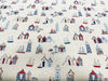 Canvas Fabric - Beach Huts Lighthouse Boats Seaside Print on CREAM - Craft Material