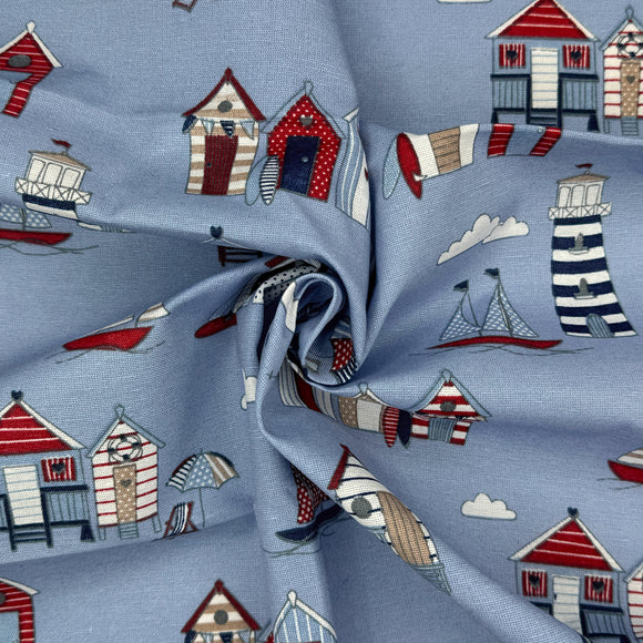 Canvas Fabric - Beach Huts Lighthouse Boats Seaside Print on BLUE - Craft Material