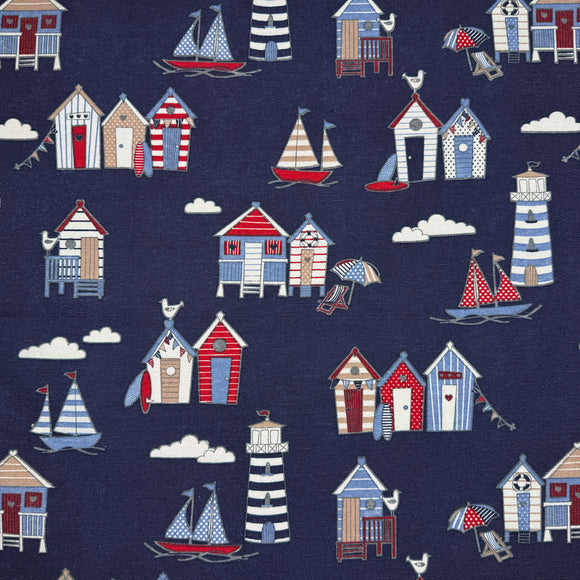 Canvas Fabric - Beach Huts Lighthouse Boats Seaside Print on Navy Blue - Craft Material
