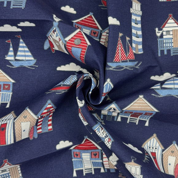 Canvas Fabric - Beach Huts Lighthouse Boats Seaside Print on NAVY BLUE - Craft Material