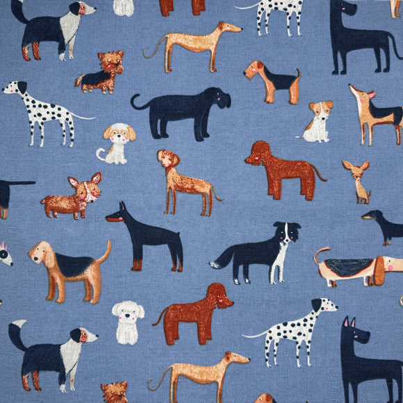 Canvas Fabric - Woof - Cute Dog Print on Blue - Craft Material