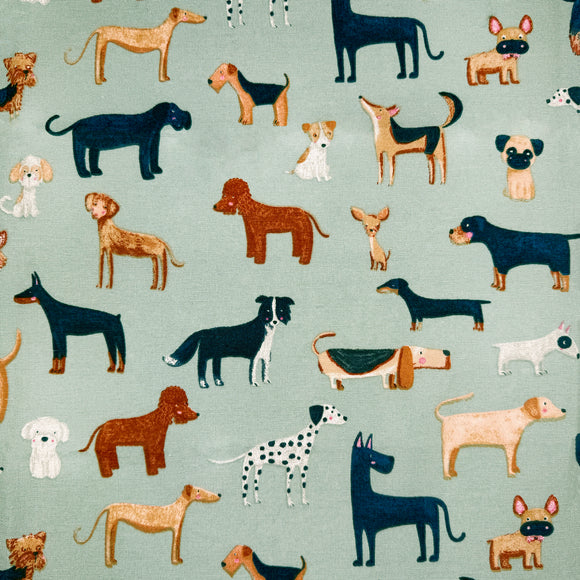 Canvas Fabric - Woof - Cute Dog Print on Duck Egg Blue Green- Craft Material