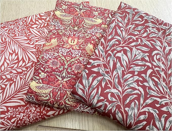 Fat Quarter Bundle - William Morris- Crimson Red- Bird floral Print Craft Fabric Material