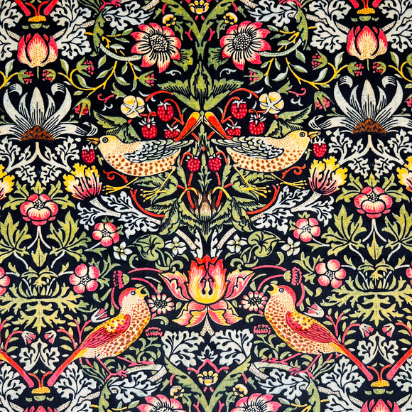 Upholstery Fabric - Heavy Weight Super Soft Plush Velvet - William Morris Strawberry Thief Ebony Black