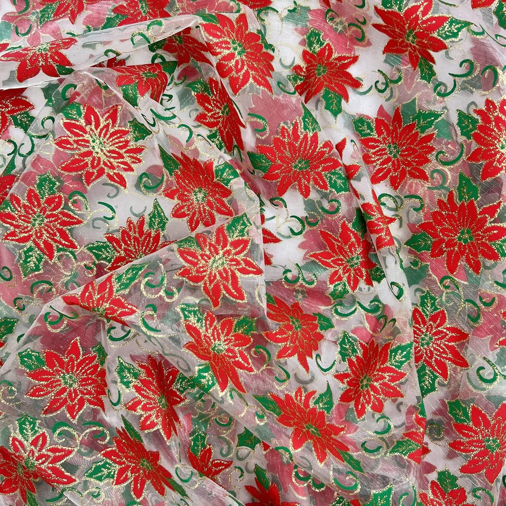 Christmas Organza Fabric - Red White & Green Christmas Poinsettia Flowers Gold Glitter