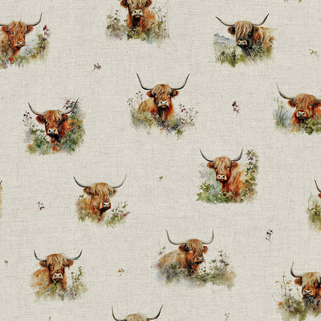 Upholstery Fabric - Cotton Rich Linen Look Material - Hedgerow Highland Cows