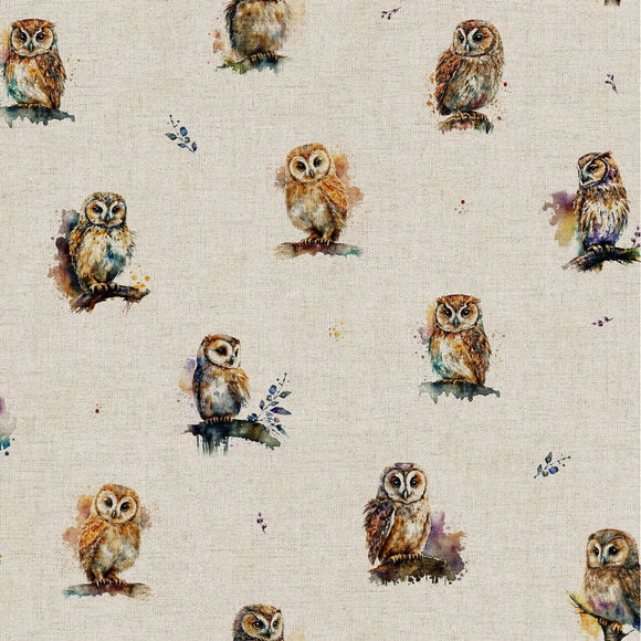 Upholstery Fabric - Cotton Rich Linen Look Material - Watercolour Owls